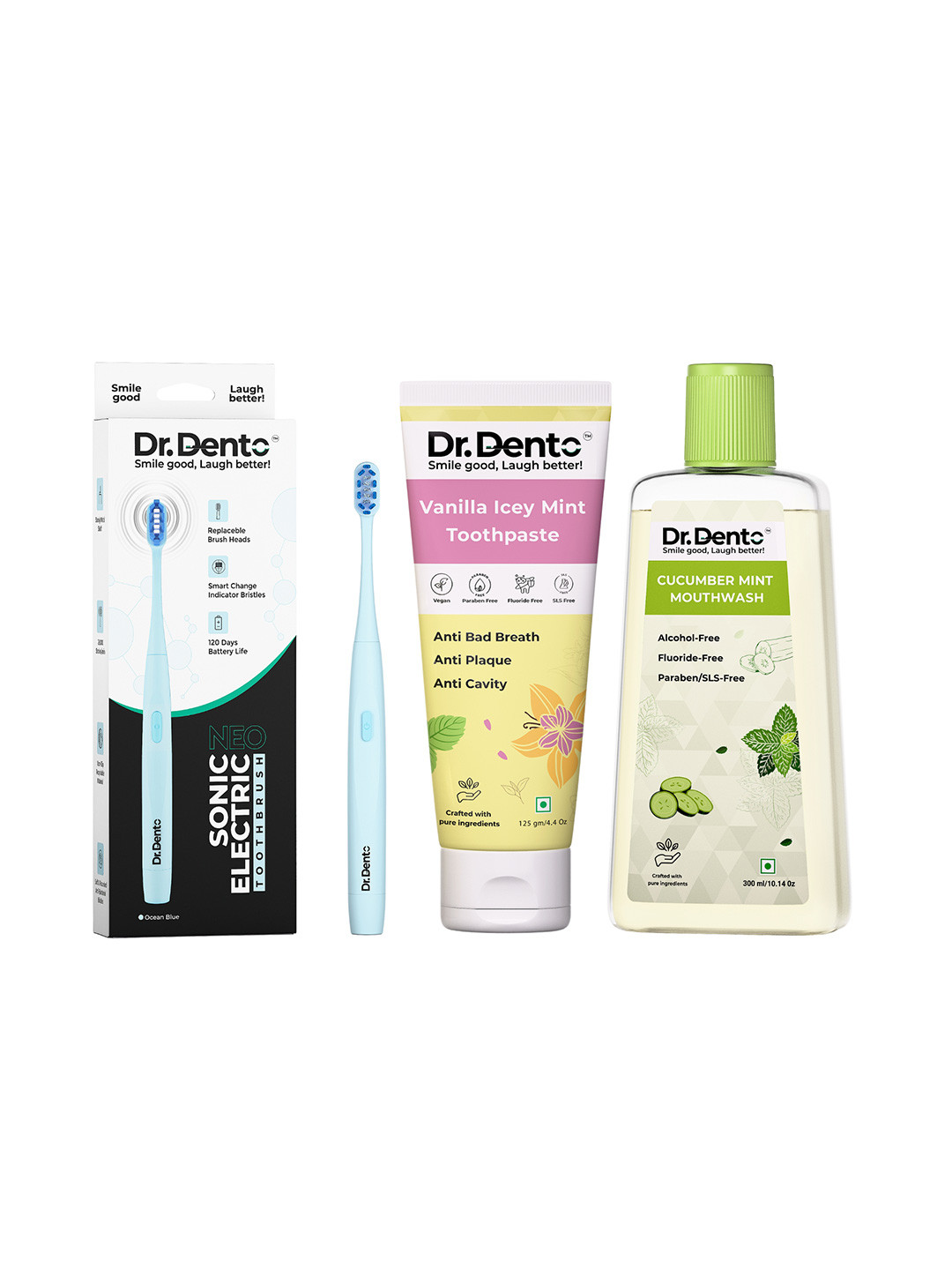 Dr. Dento Set of Vanilla Toothpaste 125gm, Cucumber Mouthwash 300ml & Electric Toothbrush
