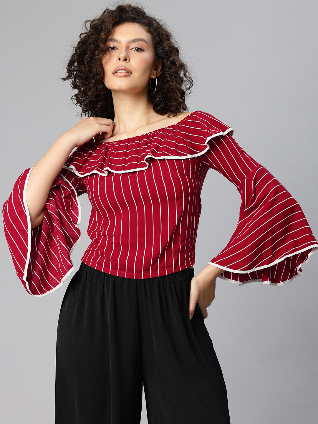 London Rag Striped Off-Shoulder Bell Sleeve Layered Bardot Crop Top