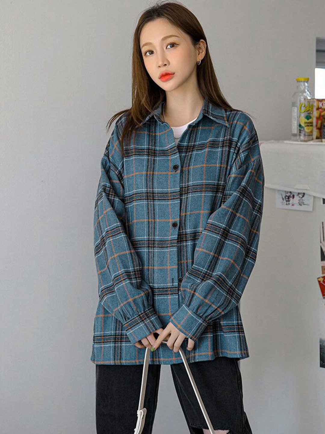 Outzidr Blue Check Oversized Shirt