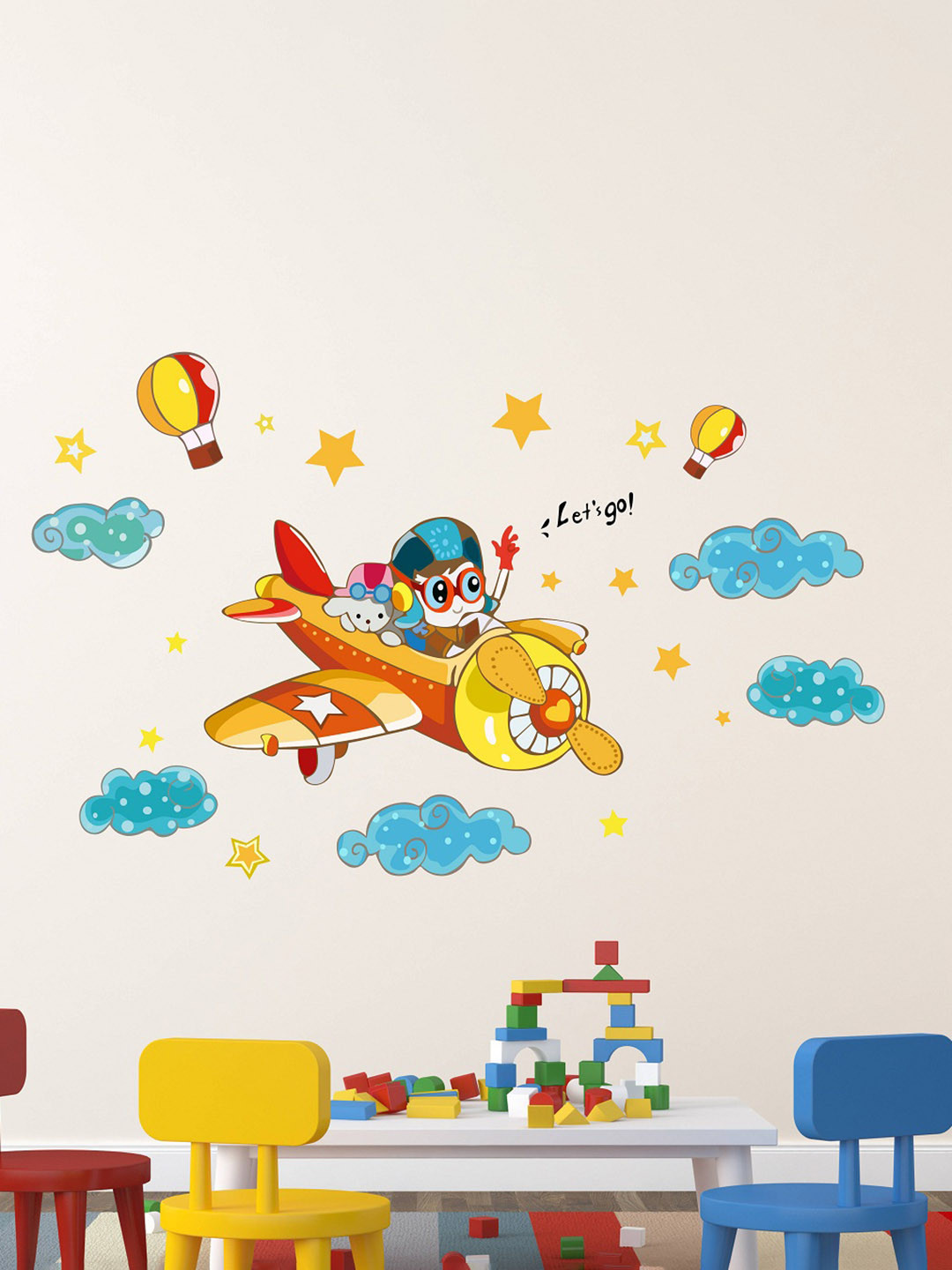 LANSTICK Yellow & Red Printed Kids Ride With Aeroplane Wall Sticker