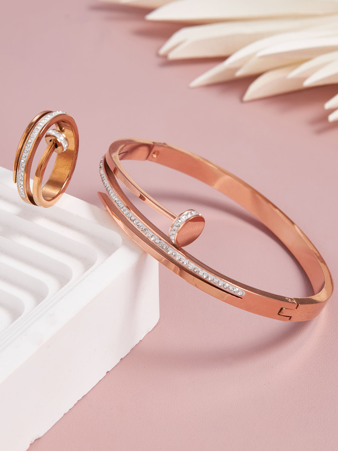GC PREMIUM JEWELLERY Rose Gold-Plated Cubic Zirconia-Studded Nail Bracelet & Ring Set