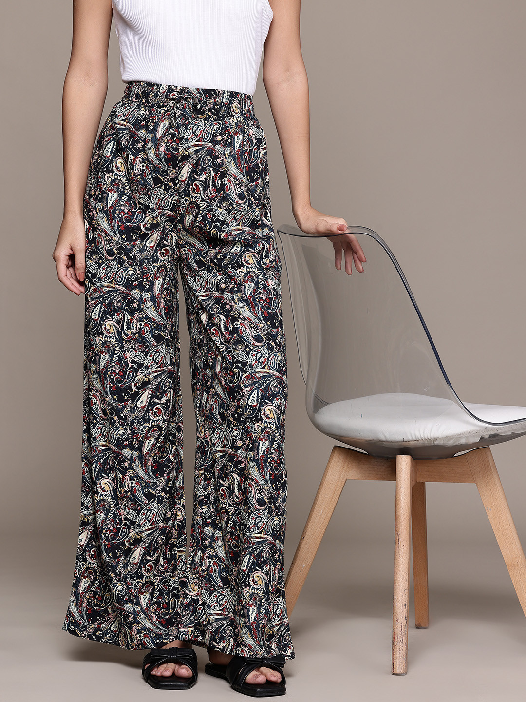 Popnetic Women Ethnic Printed Relaxed High-Rise Wide Leg Trousers
