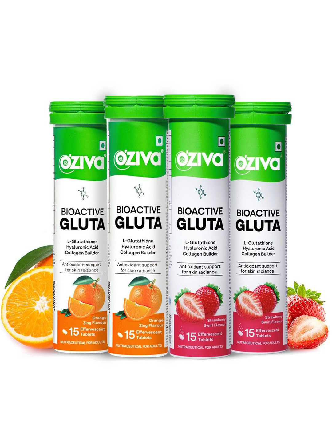 OZiva Set of Strawberry & Orange Flavour Bioactive Gluta Fizzy Tablets - 15 Tablets Each