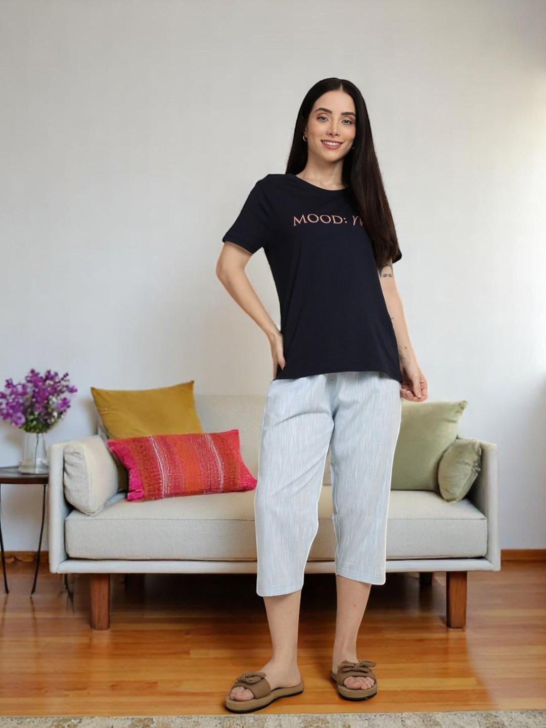 ETC Relaxed Fit Pure Cotton Lounge Capri With Side Pocket