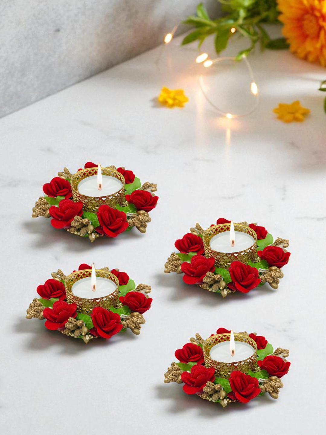 GADINFASHION Gold-Toned & Green 4 Pieces Tealight Candle Metal Holder