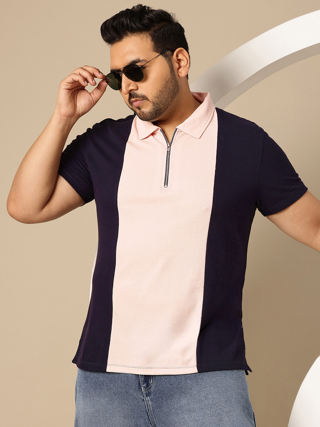 Sztori Men Plus Size Colourblocked Polo Collar Pure Cotton T-shirt