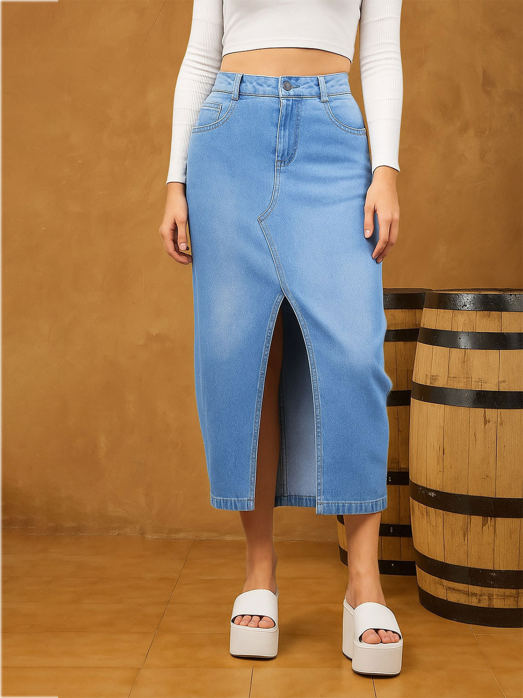 all about you Denim Front Slit Maxi Skirt