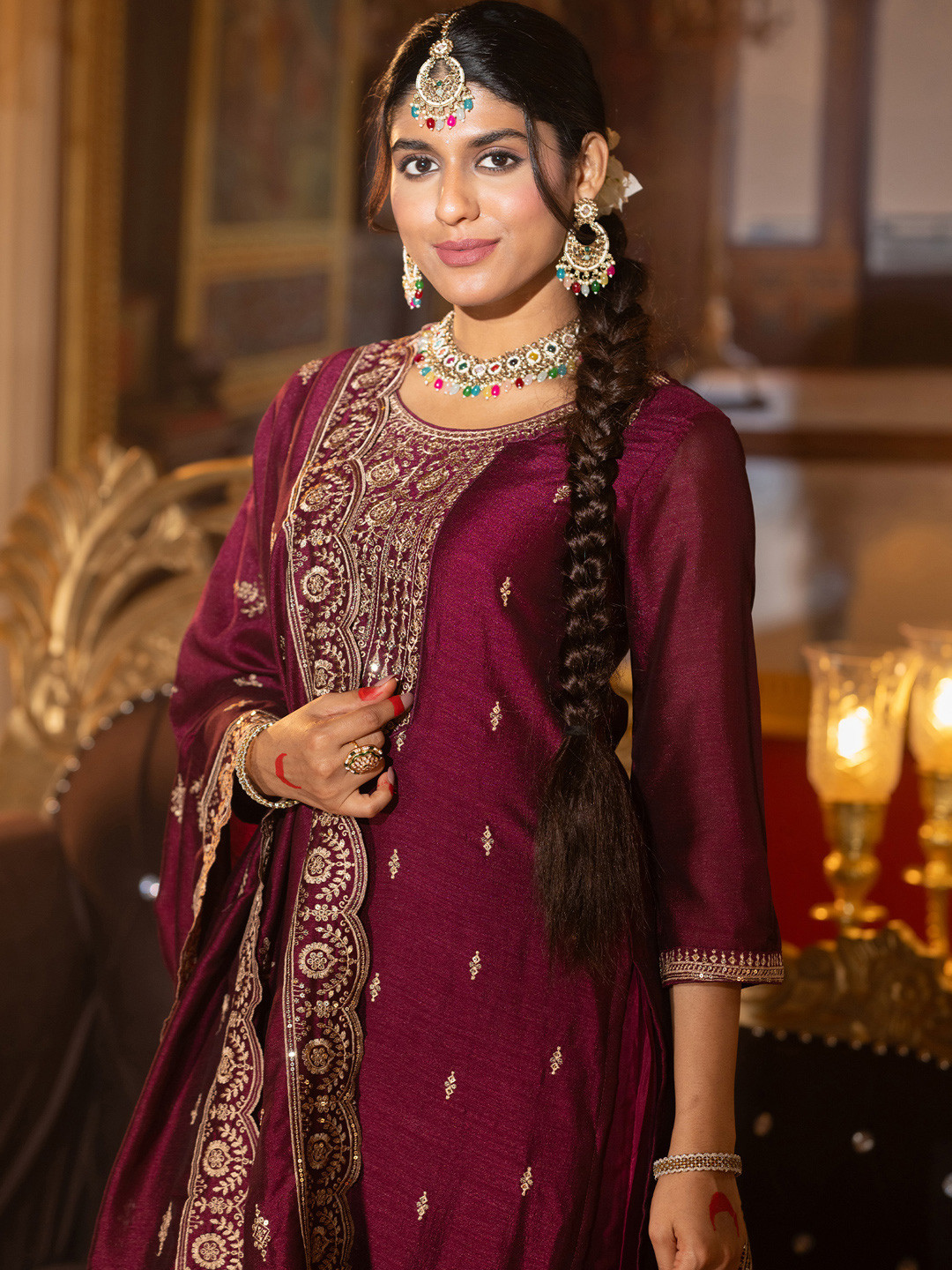 Indo Era Embroidered Gotta Patti Work Round Neck Kurta With Trousers & Dupatta