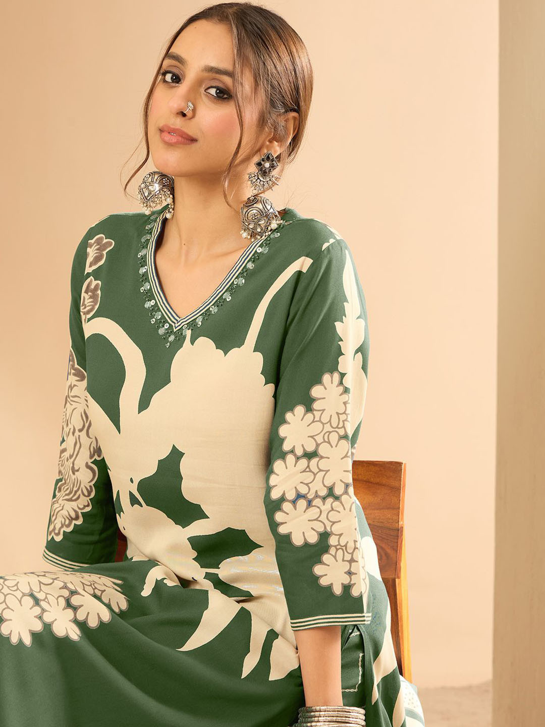 Indo Era Floral Printed V-Neck Beads and Stones Screen Technique Kurta With Salwar