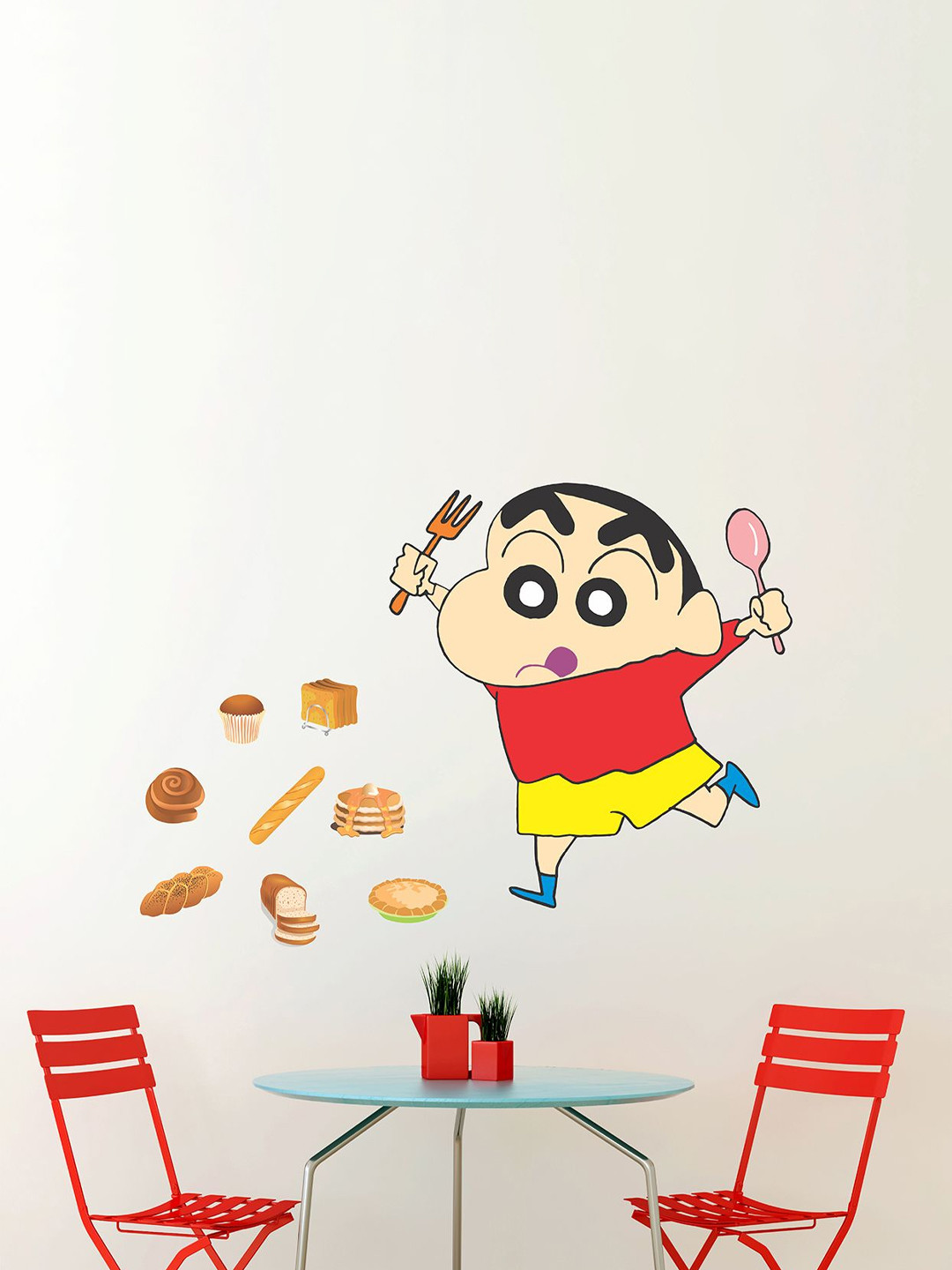 LANSTICK Red & Yellow Printed Shinchan & Cake Wall Stickers