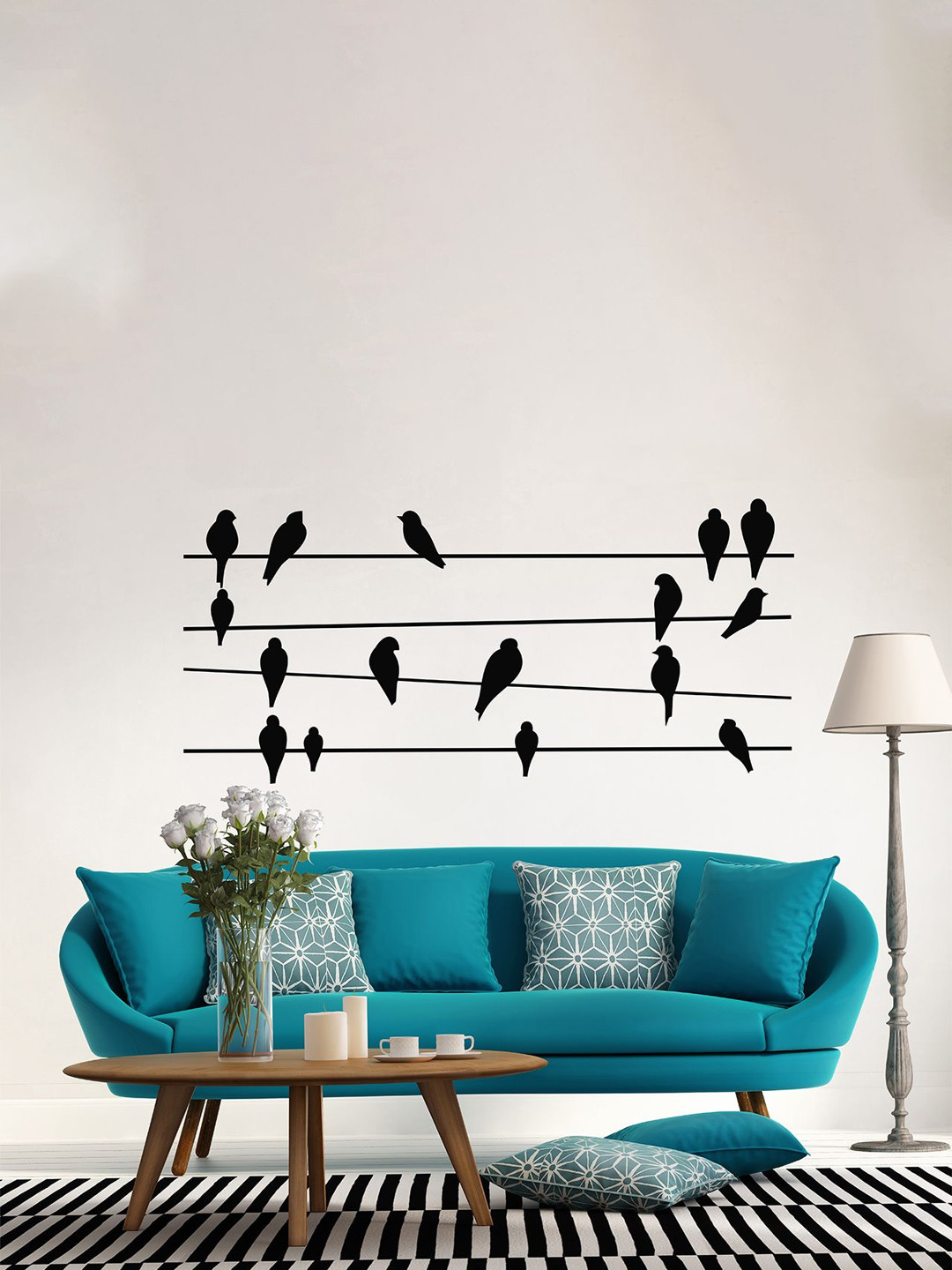 LANSTICK Black Printed Beautiful Birds On A Wire Wall Sticker