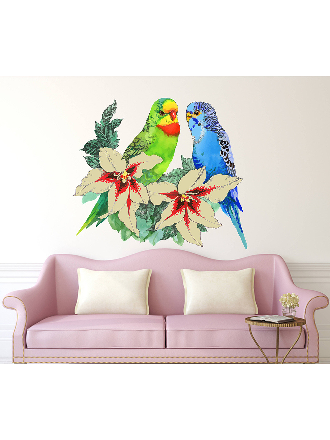 LANSTICK Green & Blue Printed Colourful Parrot Love Wall Sticker