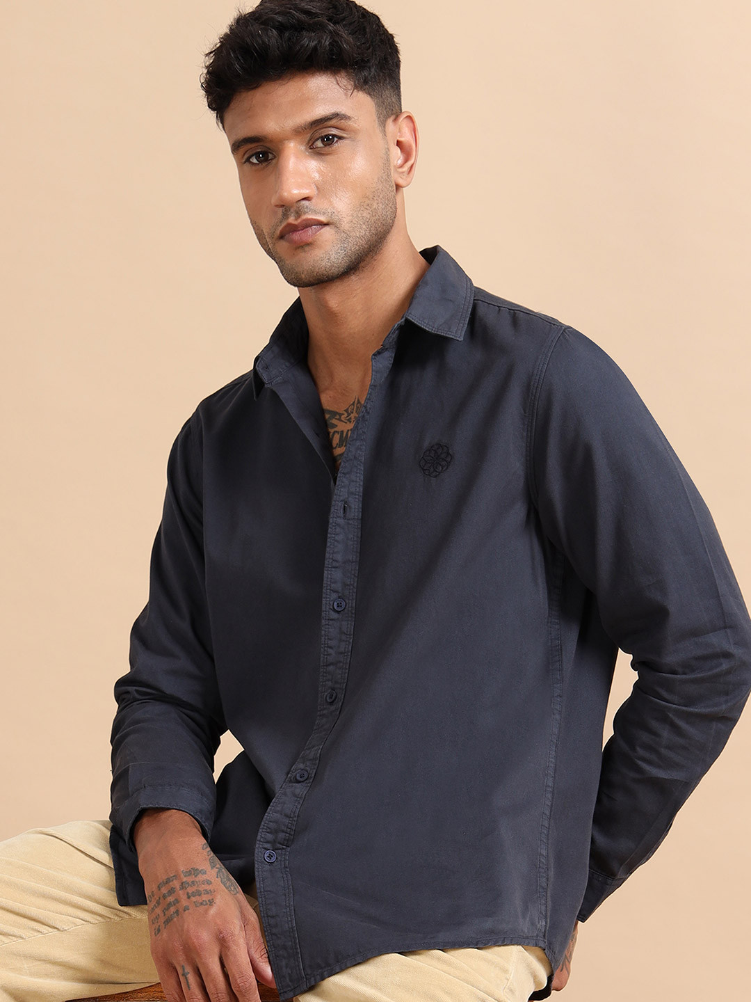 StitchX Men Regular Fit Embroidered Logo Long Sleeve Shirt