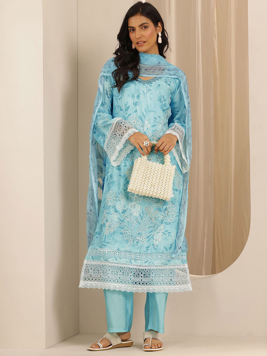 Libas Art Floral Printed Scoop Neck Straight Kurta With Palazzos And Dupatta