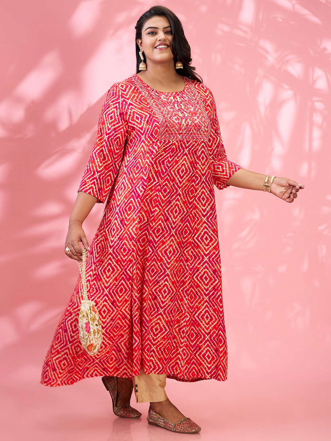 Globus Gloplus Round Embroidered Yoke Geometric Print Flared Hem Plus Size A-Line Kurta