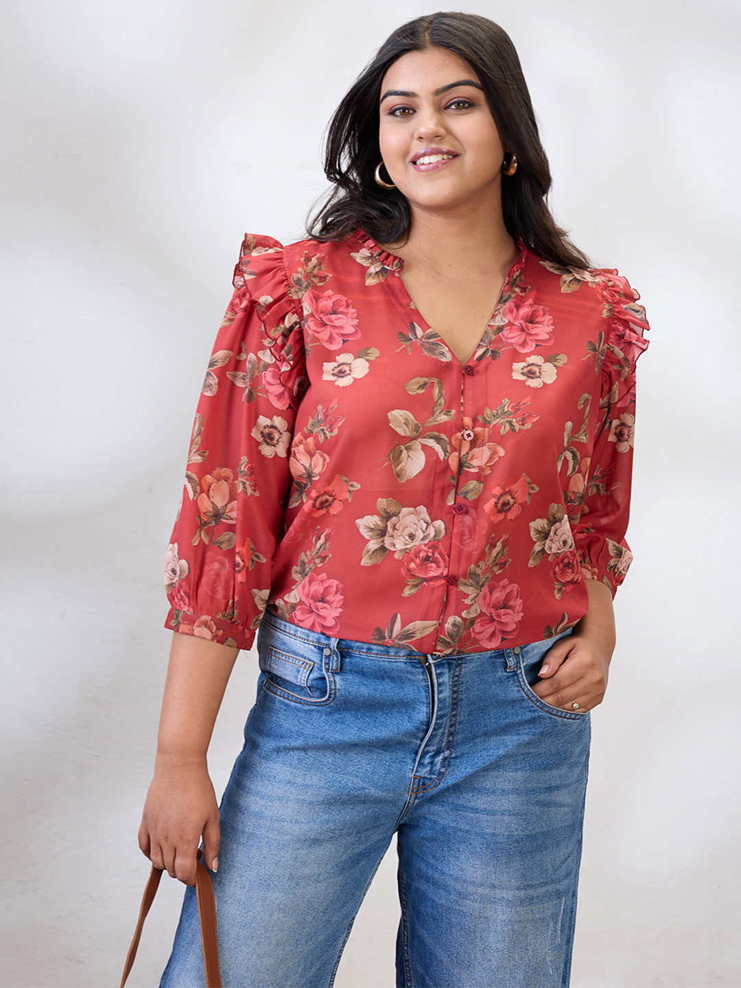Globus Gloplus V-Neck Puff Sleeves Floral Print Ruffle Detail Plus Size Shirt