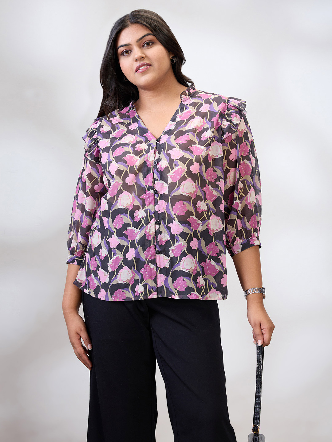 Globus Gloplus V-Neck Puff Sleeves Floral Print Ruffle Detail Plus Size Shirt