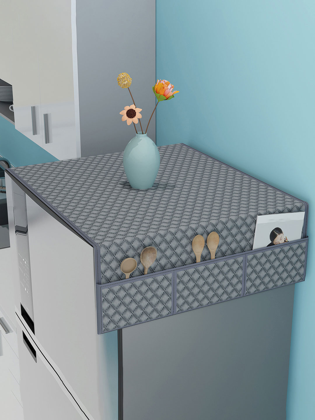 Kuber Industries Grey Quilted Velvet Fridge Top Cover With 6 Utility Side Pocket