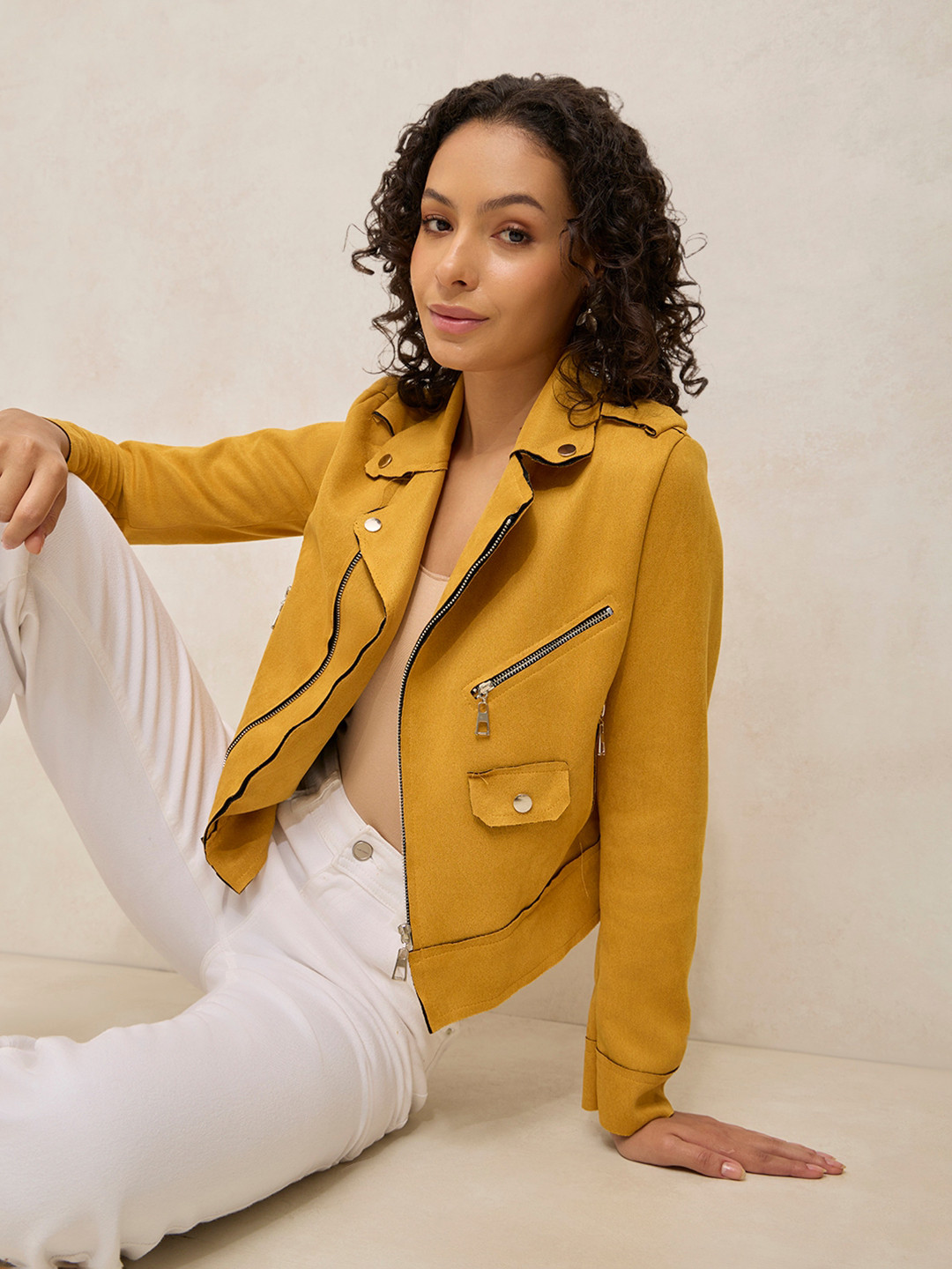 SHOWOFF Women Solid Zip Detail Regular Biker Jacket