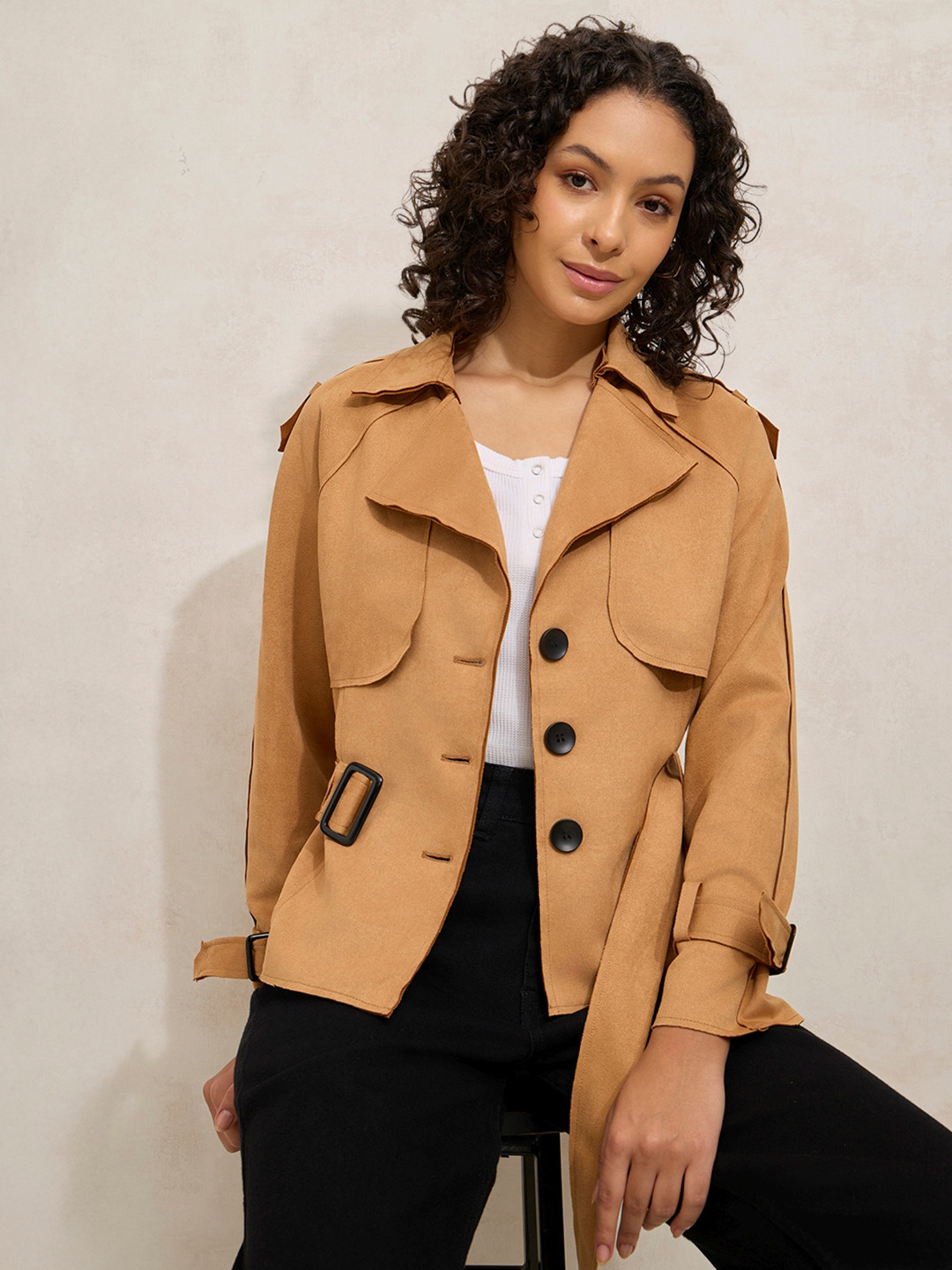 SHOWOFF Women Solid Suede Windcheater Tailored Jacket with Belt