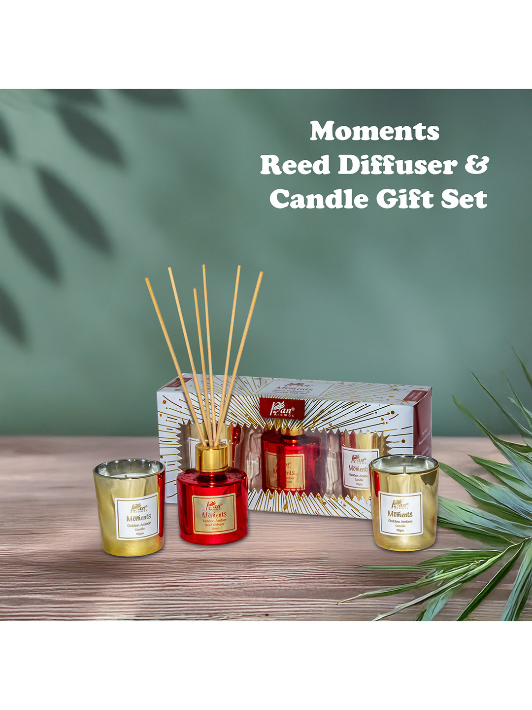 Pan Aromas Moments Golden Amber 3Pcs Red & White Reed Diffuser & Scented Candles Gift Set