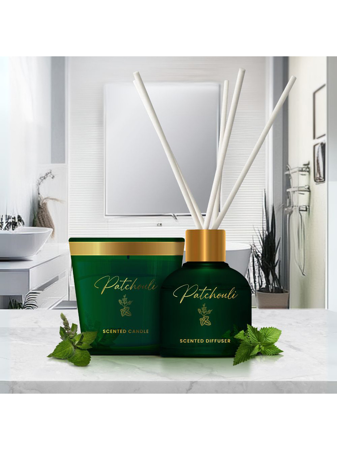 Pan Aromas Oriental Patchouli 2Pcs Green & White Reed Diffuser & Scented Candle Gift Set