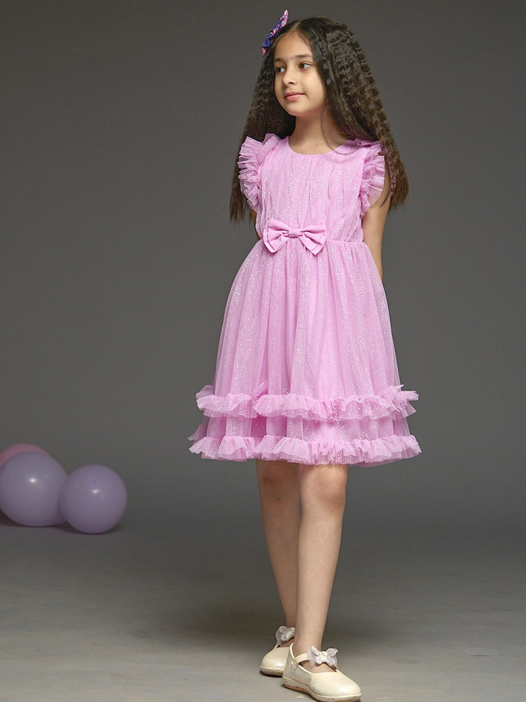 KidsDew Girsl Solid Embellished Net Fit & Flare Above Knee Dress