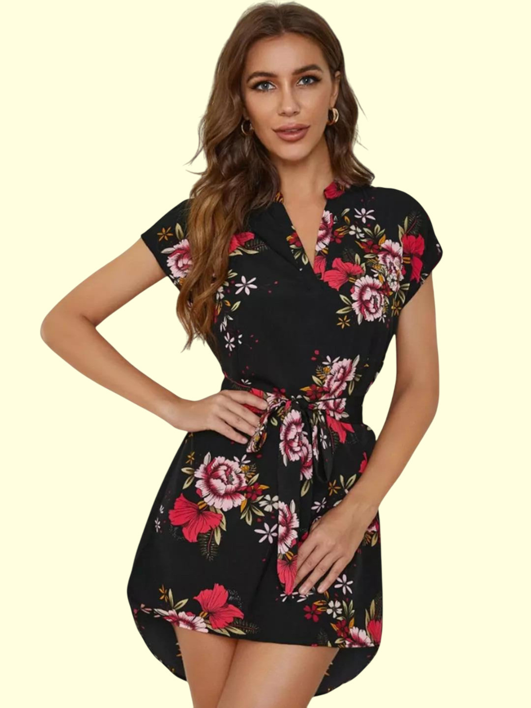 Floral Tie-Up Mini Dress with Short Sleeves