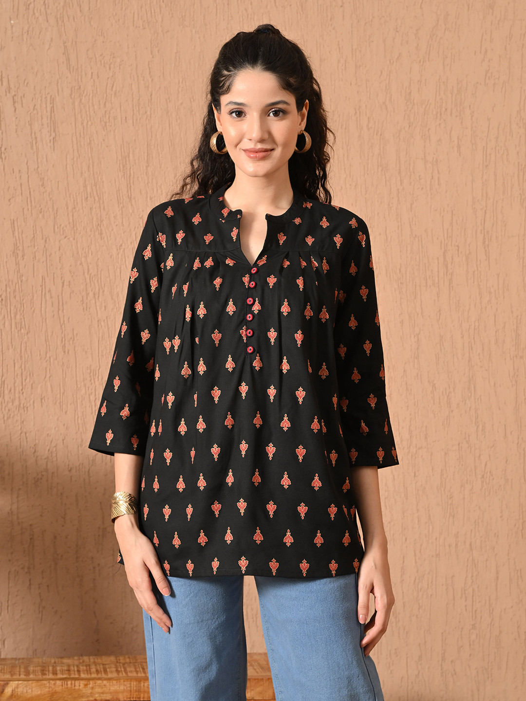 Dipani Ethnic Motifs Printed Mandarin Collar Top