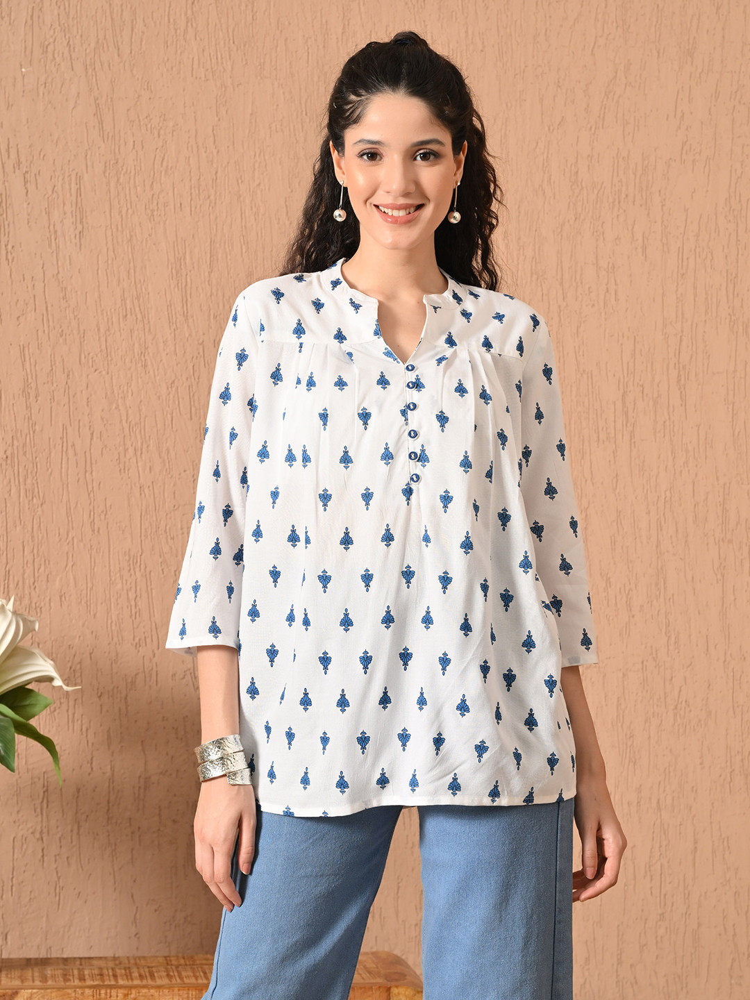 Dipani Ethnic Motifs Printed Mandarin Collar Empire Top