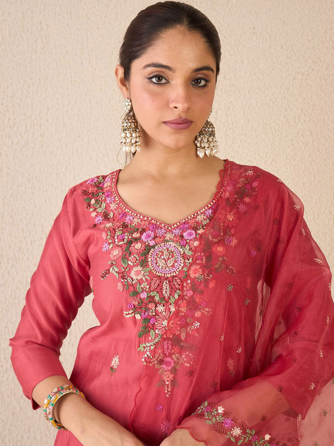 Indo Era Floral Embroidered Stone & Beads Work V Neck Kurta With Trousers & Dupatta