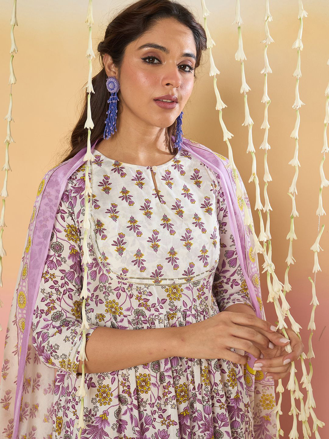 Indo Era Floral Printed Key Hole Neck Pure Cotton Kurta With Trousers & Dupatta