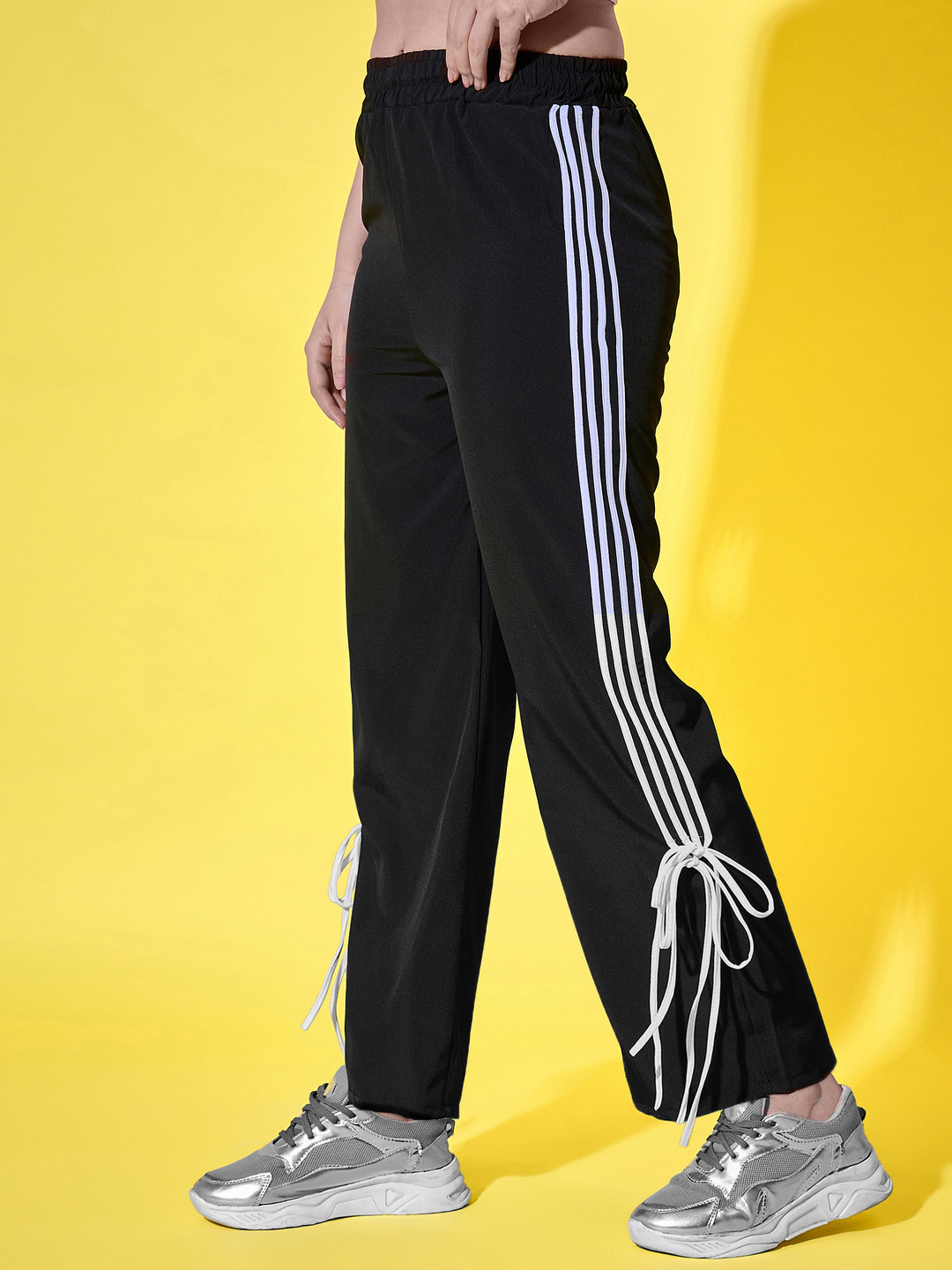 BUY NEW TREND Women Relaxed Fit Mid Rise Track Pant With Side Stripes & Ankle Tie Detail