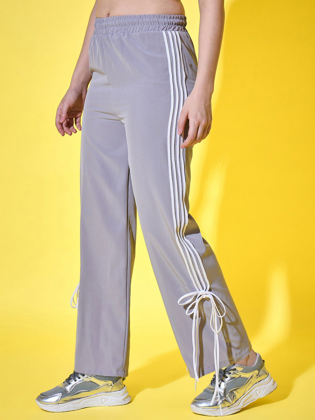 BUY NEW TREND Women Relaxed Fit Track Pants with Side Stripes & Ankle Tie Detail
