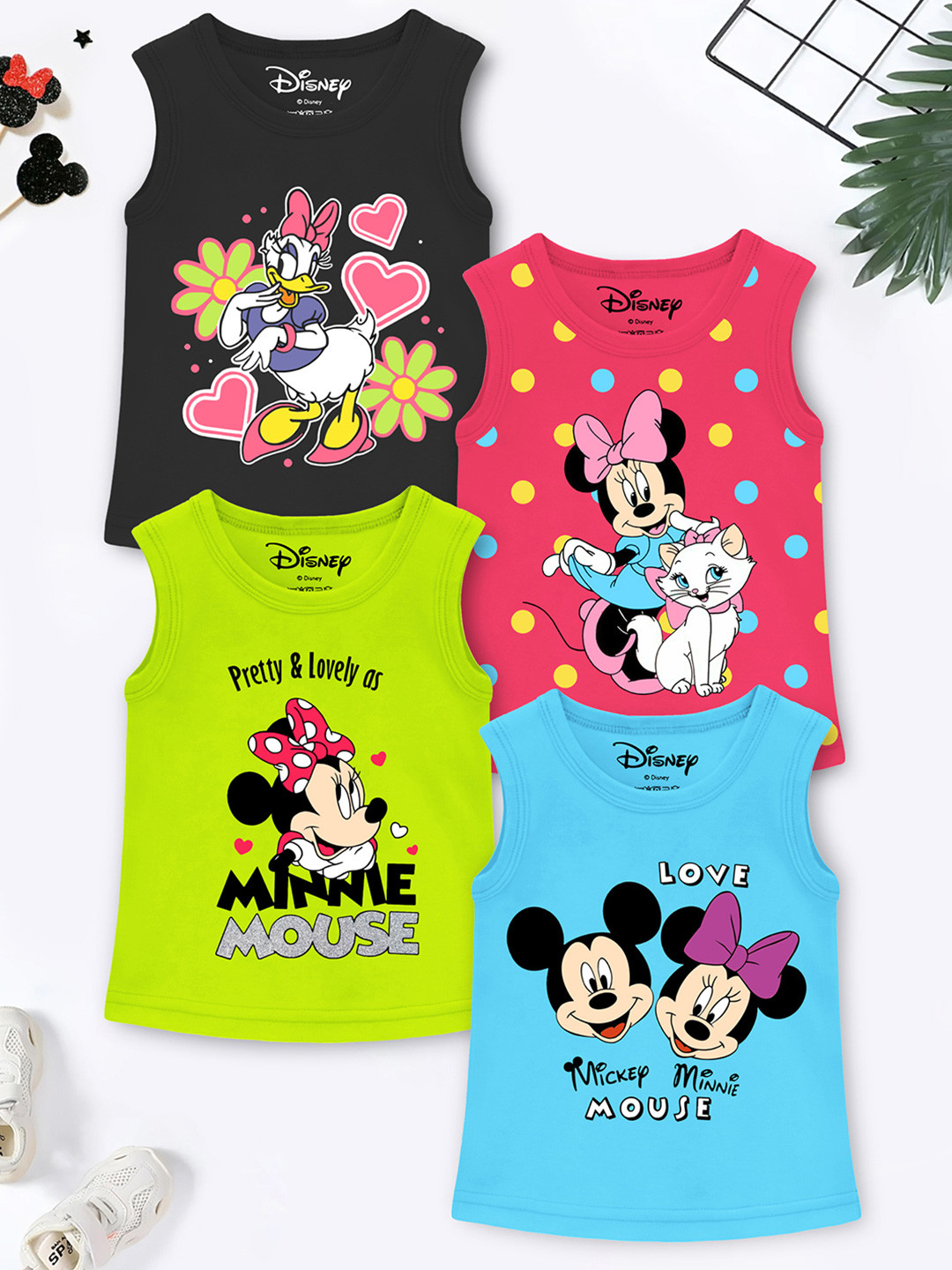 YK Disney Girls Pack Of 4 Minnie Mouse Printed Round Neck Sleeveless Cotton T-shirts