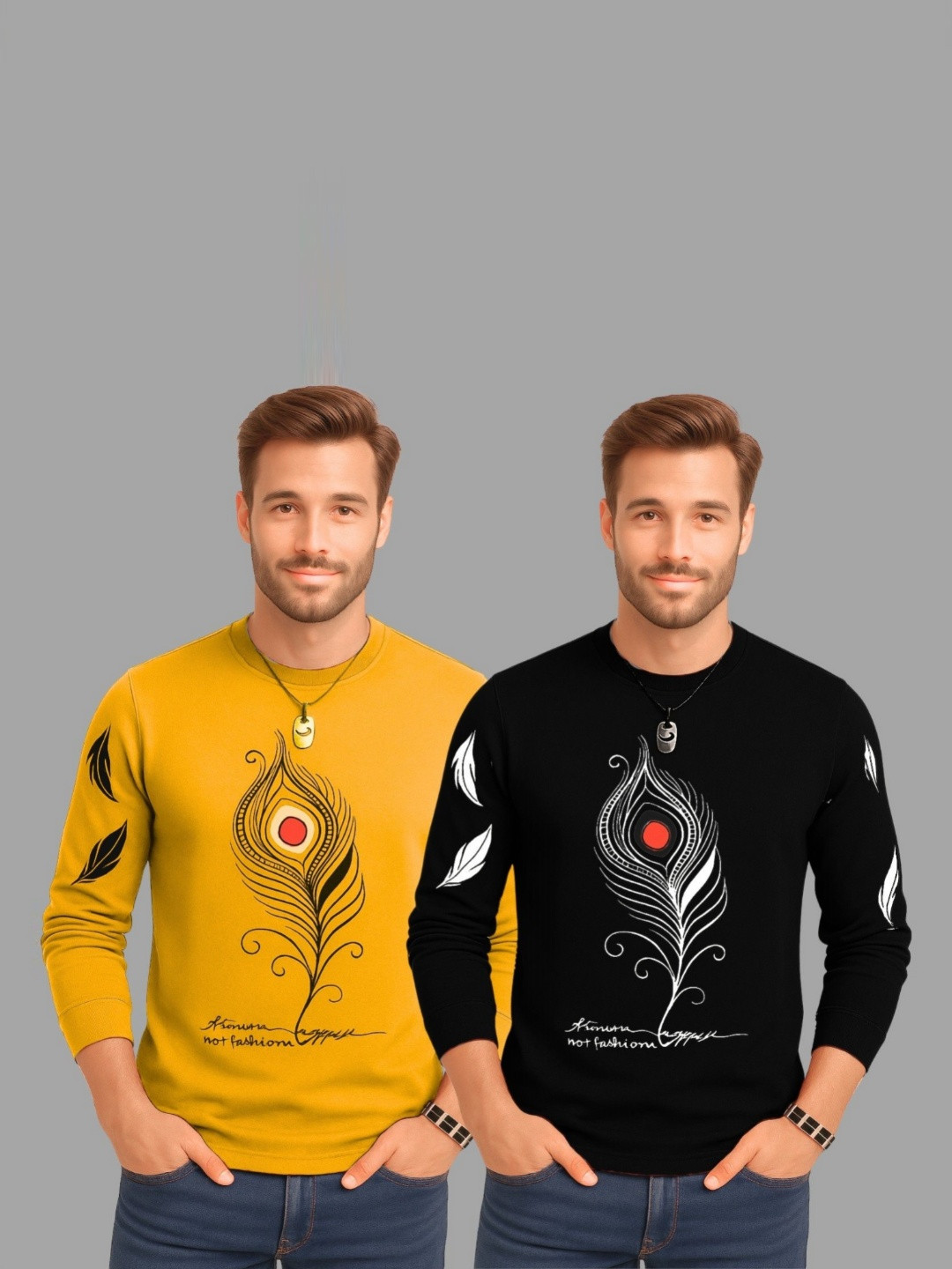 TICOSS Pack Of 2 Graphic Printed Long Sleeves Round Neck Cotton Regular Fit Casual T-shirt
