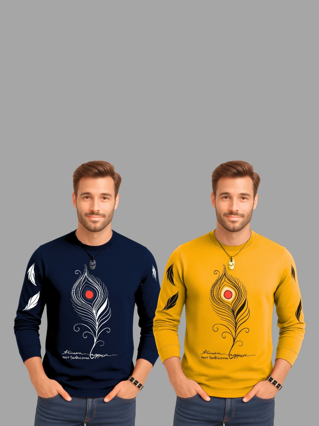 TICOSS Pack Of 2 Graphic Printed Long Sleeves Round Neck Cotton Regular Fit Casual T-shirt