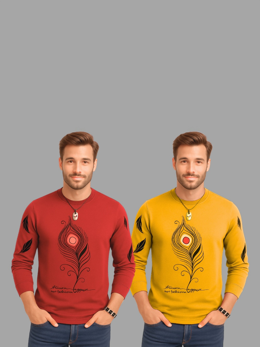 TICOSS Pack Of 2 Graphic Printed Long Sleeves Round Neck Cotton Regular Fit Casual T-shirt