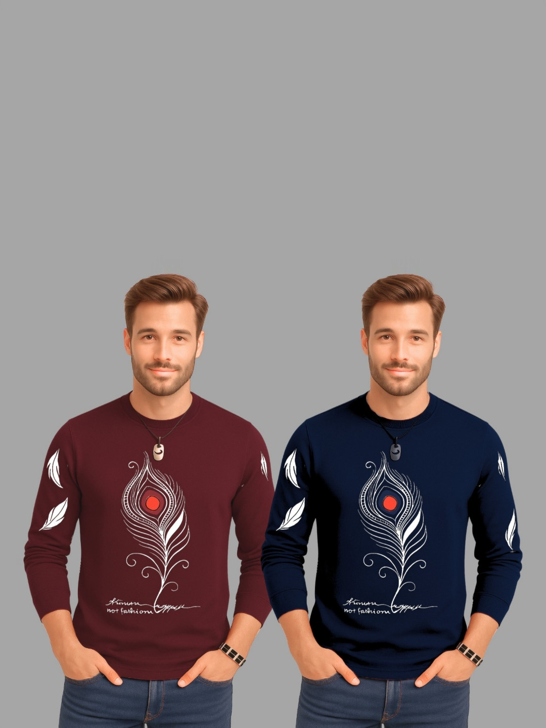 TICOSS Pack Of 2 Graphic Printed Long Sleeves Round Neck Cotton Regular Fit Casual T-shirt