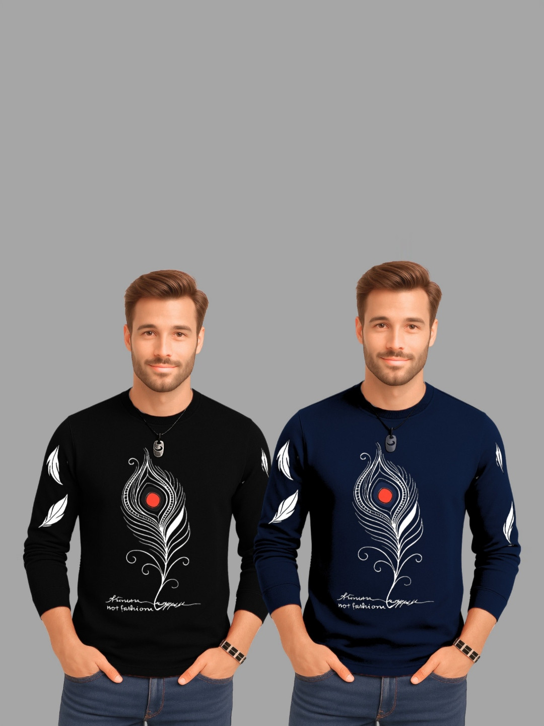 TICOSS Pack Of 2 Graphic Printed Long Sleeves Round Neck Cotton Regular Fit Casual T-shirt
