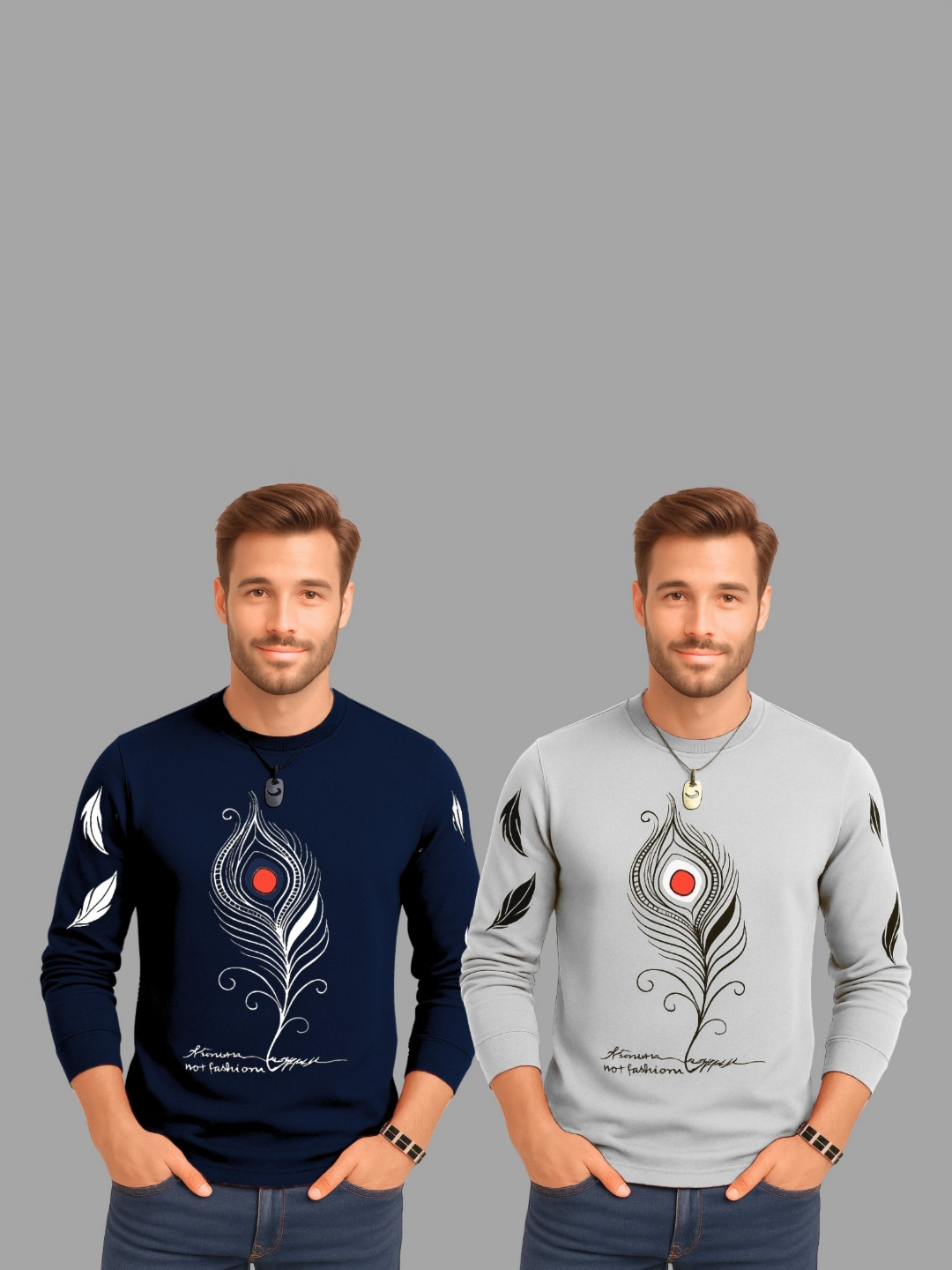 TICOSS Pack Of 2 Graphic Printed Long Sleeves Round Neck Cotton Regular Fit Casual T-shirt