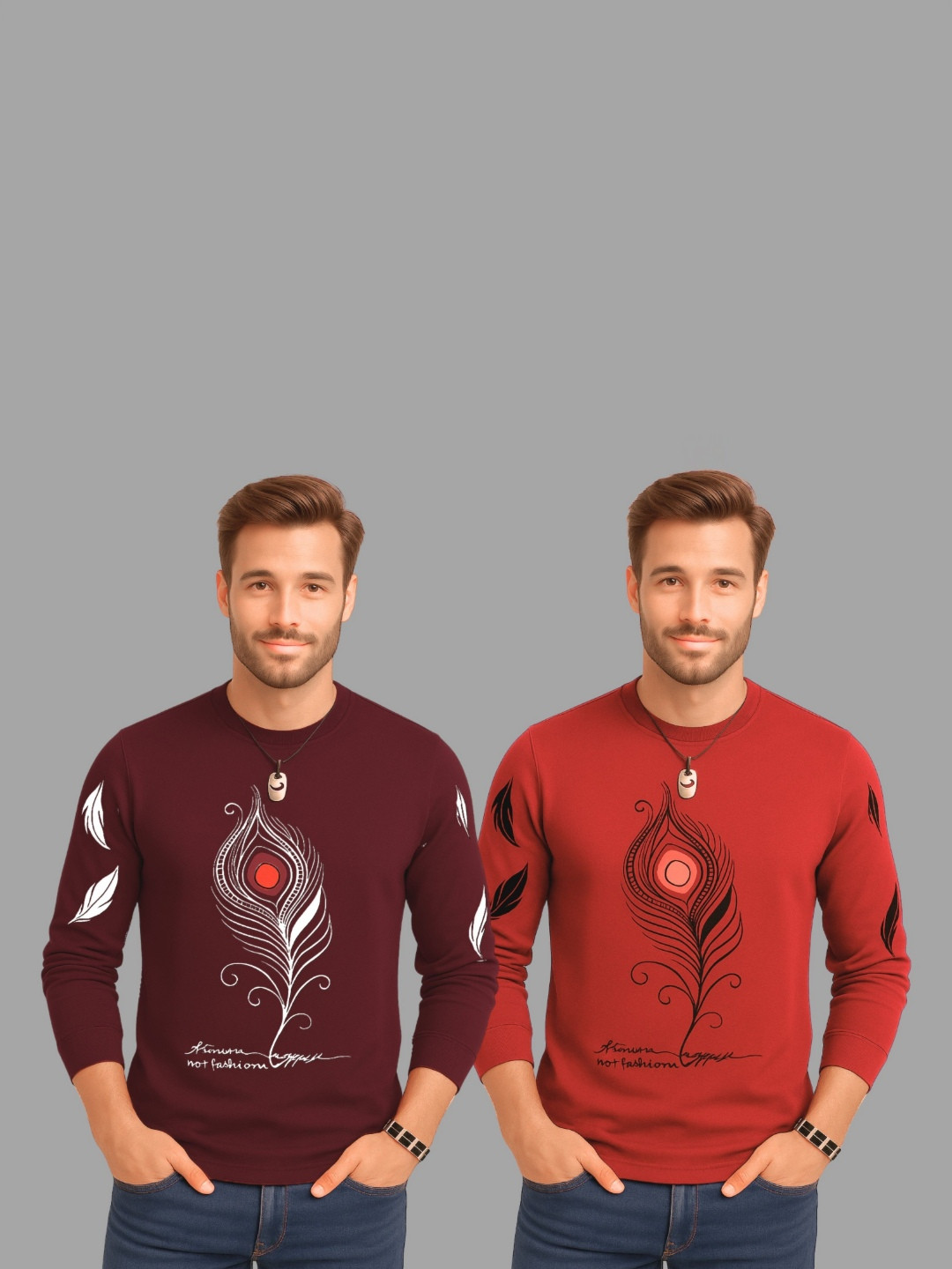 TICOSS Pack Of 2 Graphic Printed Long Sleeves Round Neck Cotton Regular Fit Casual T-shirt