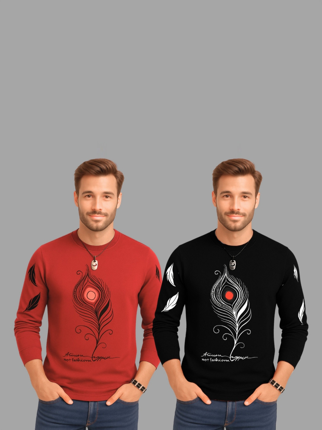 TICOSS Pack Of 2 Graphic Printed Long Sleeves Round Neck Cotton Regular Fit Casual T-shirt