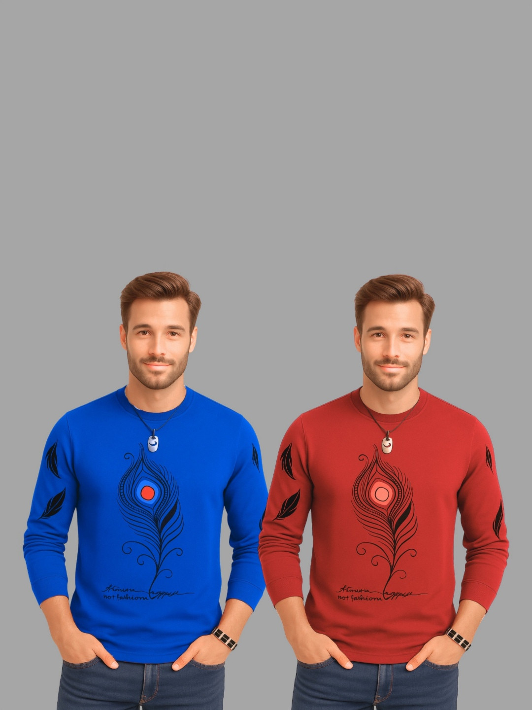 TICOSS Pack Of 2 Graphic Printed Long Sleeves Round Neck Cotton Regular Fit Casual T-shirt