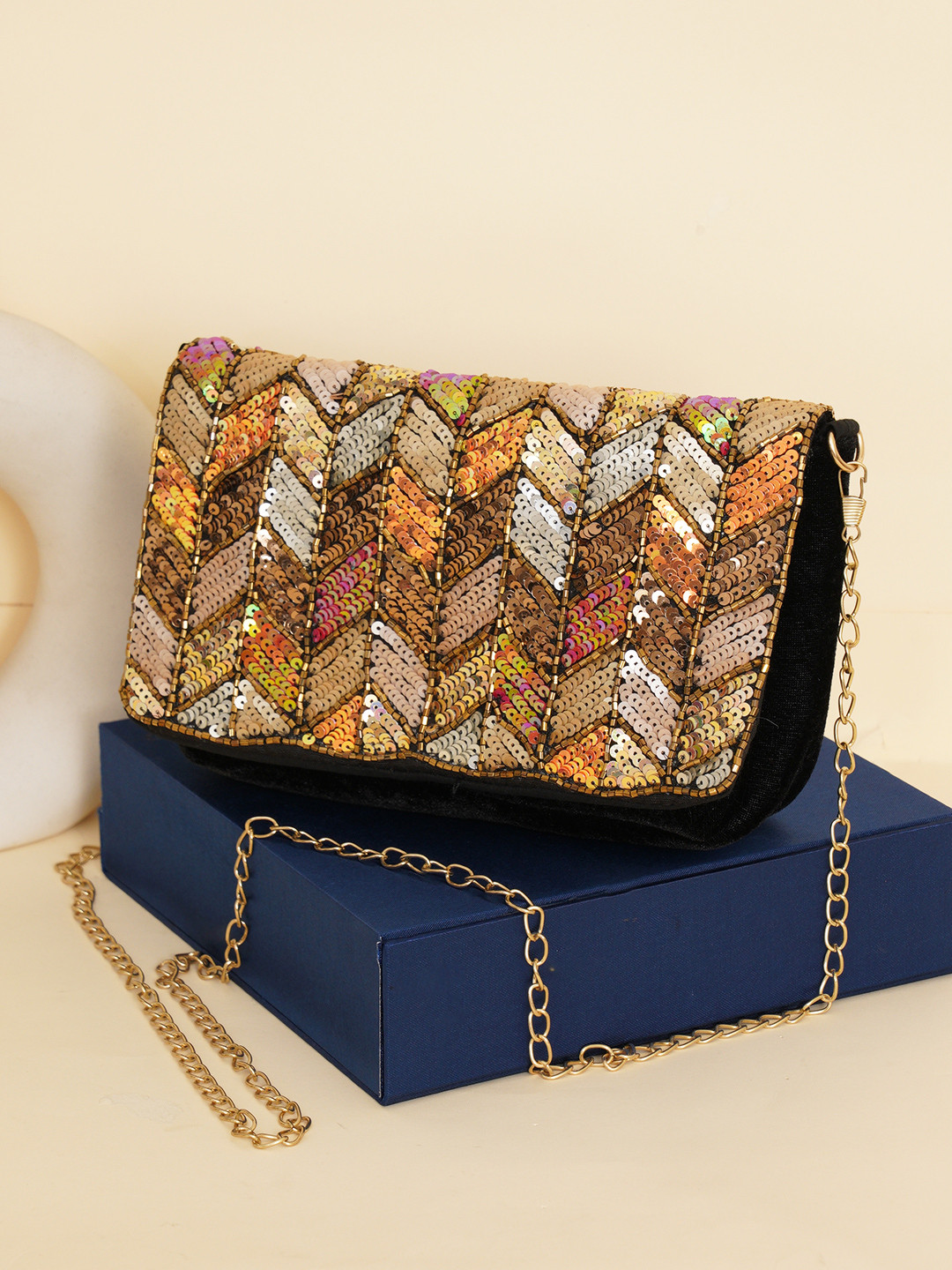 Anouk Embellished Beads & Stones Box Clutch With Shoulder Strap