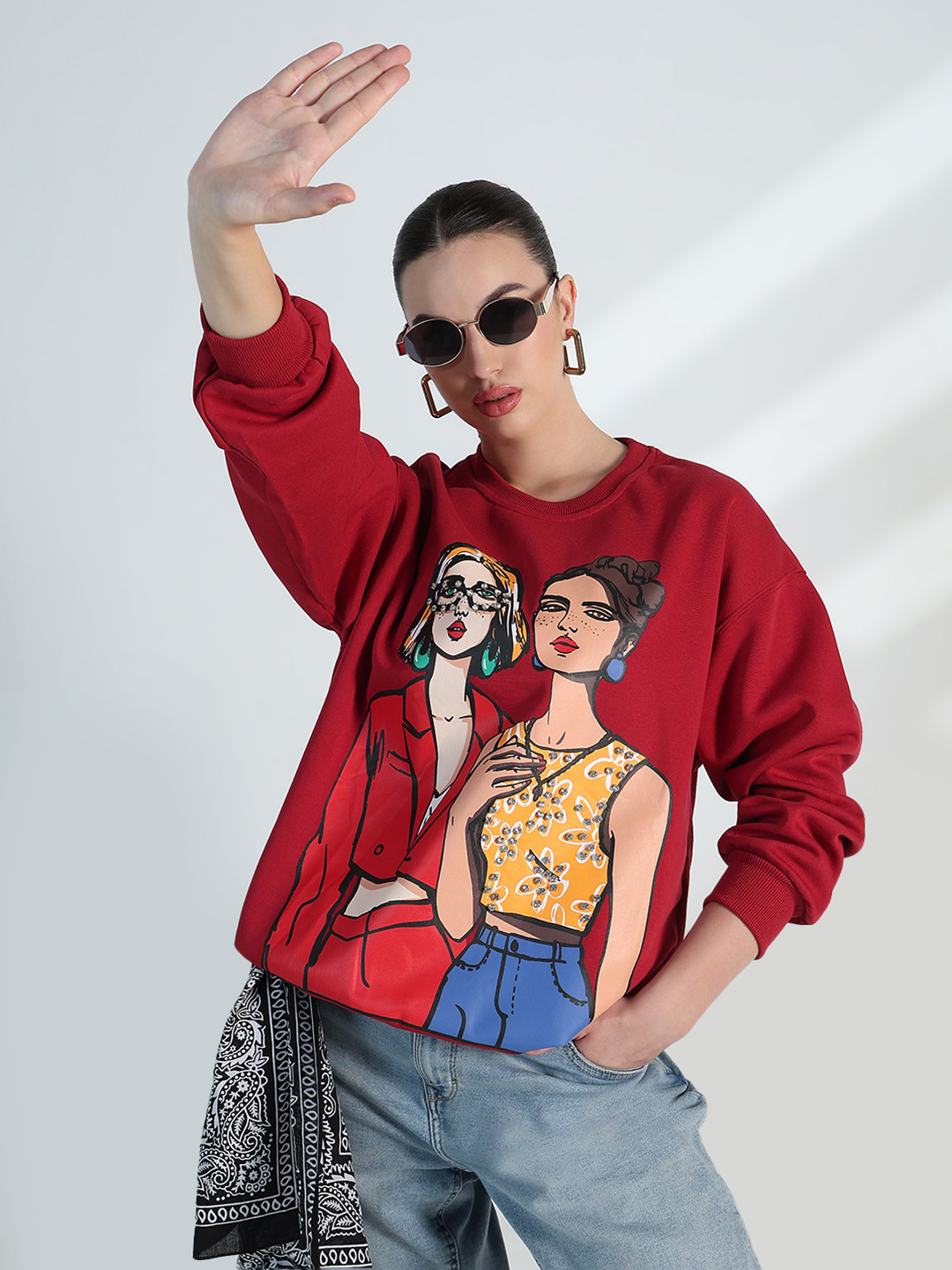 SHOWOFF Women's Graphic Red Oversized Sweatshirt