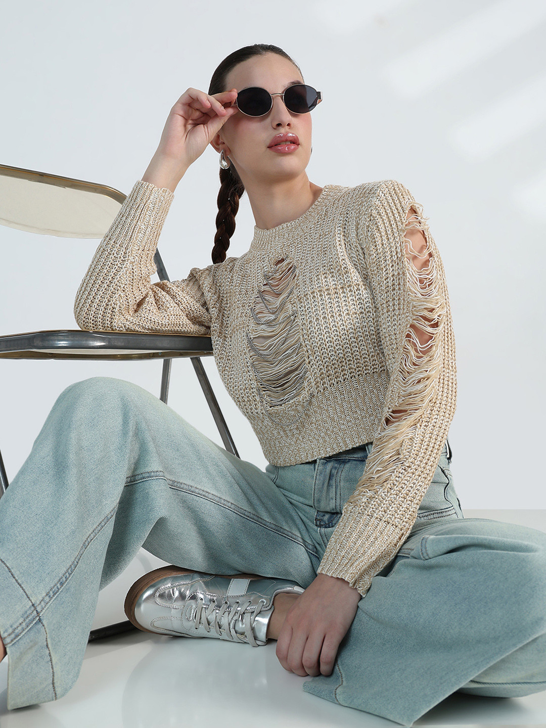 SHOWOFF Crochet Self Design Crop Top