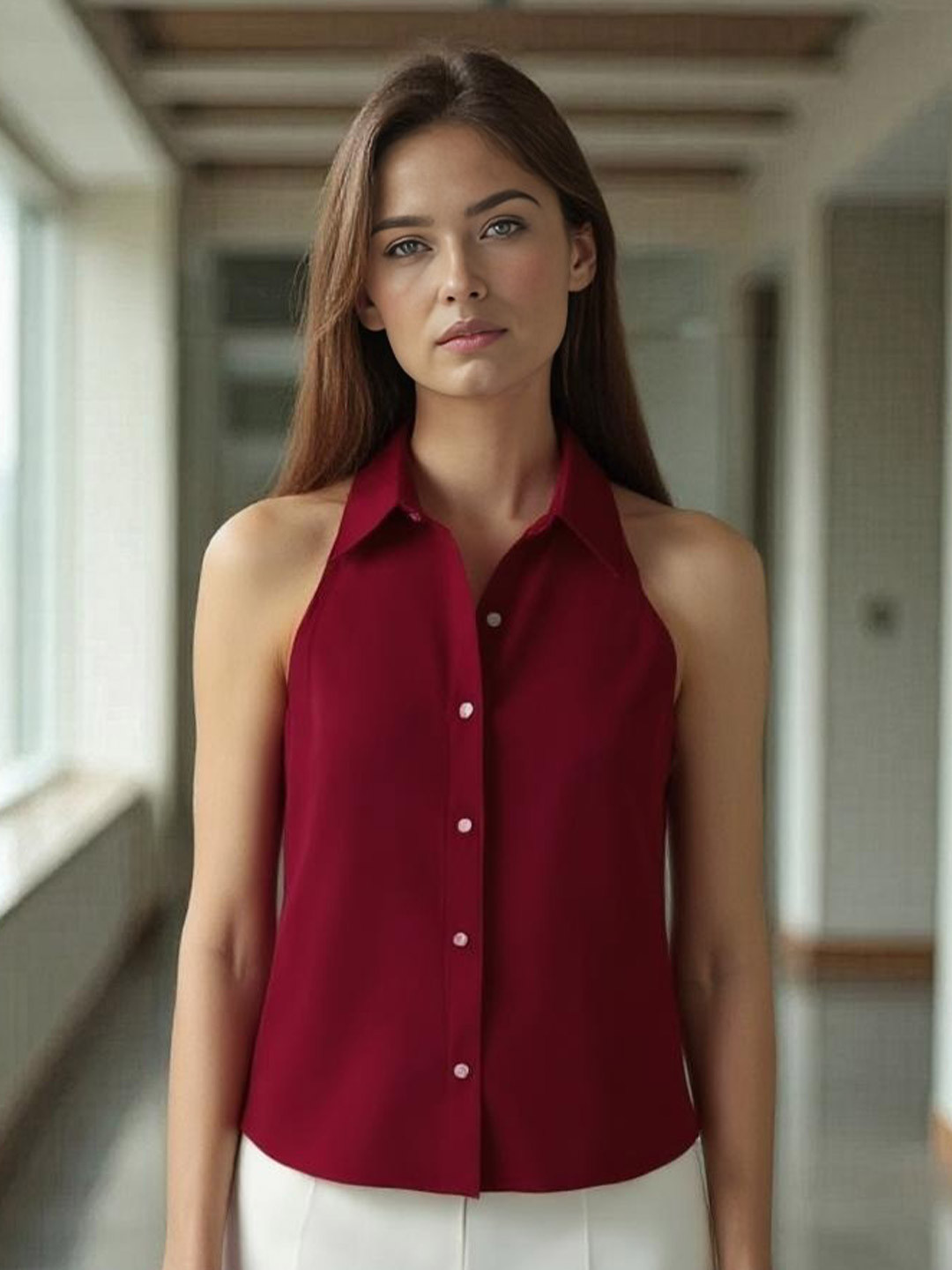 all about you Women Solid Red Shirt Style Sleeveless  Top