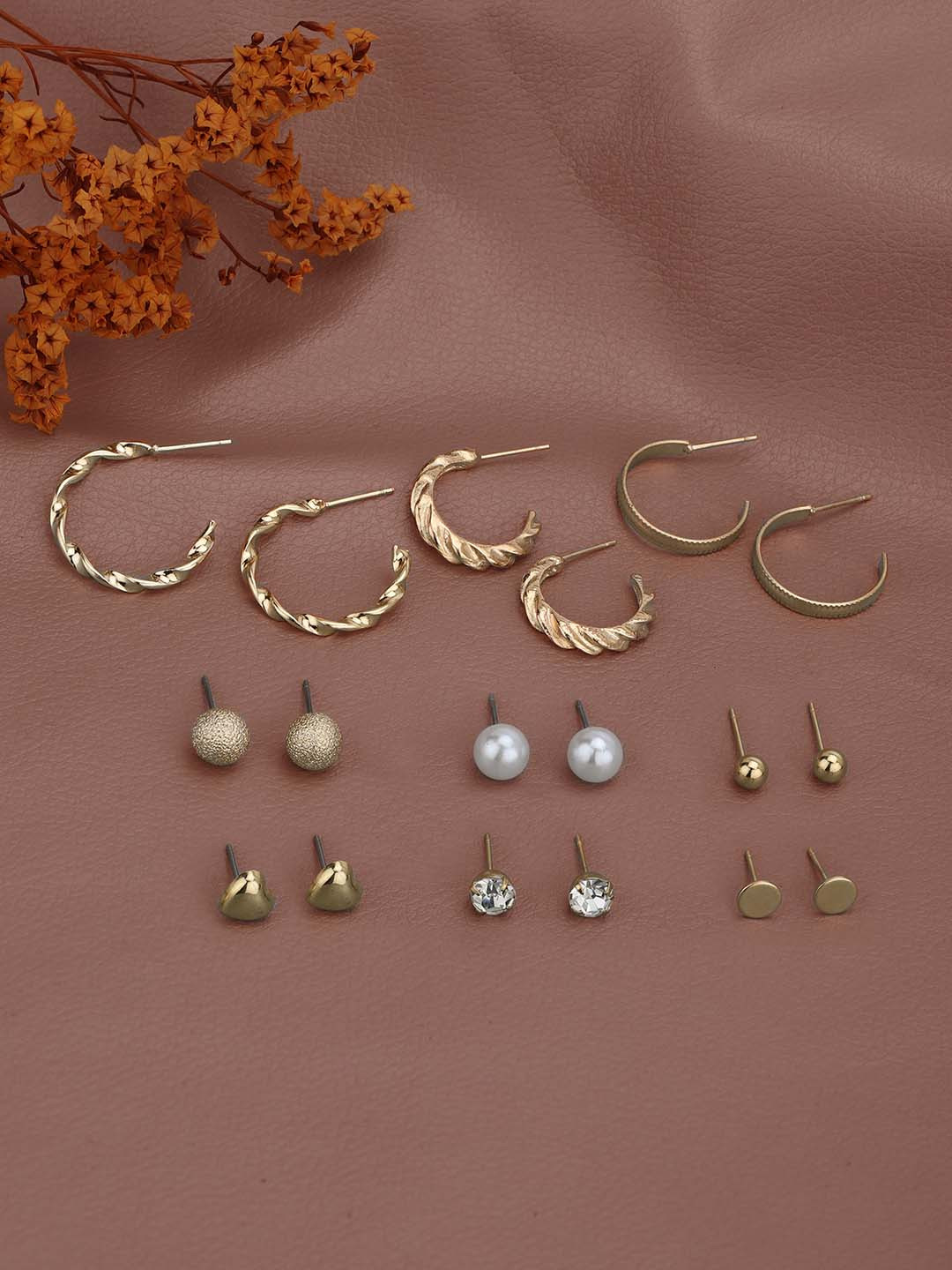 Carlton London Set of 9 Two Tone CZ & Pearl Multipack Half Hoop & Stud Earring Set