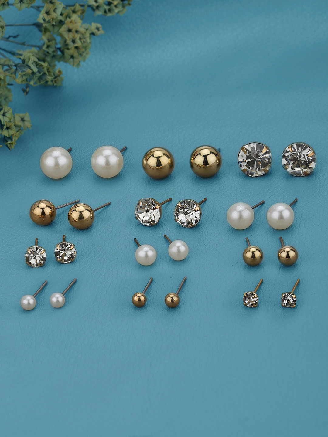 Carlton London Set of 12 Two Tone Multipack CZ Pearl & Ball Stud Multipack Earring Set